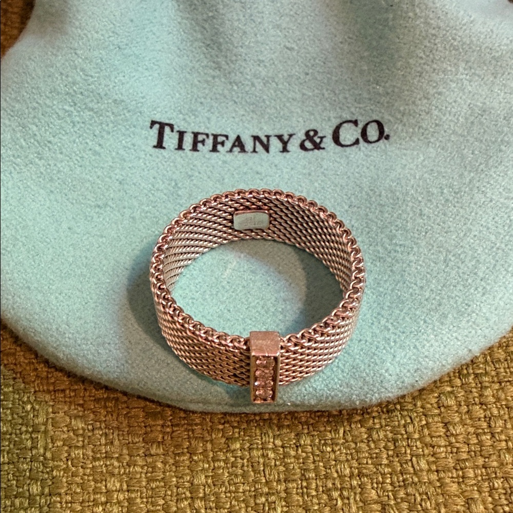 Tiffany & Co. AUTHENTIC Silver Mesh Ring with Diamond Bar - Picture 6 of 6